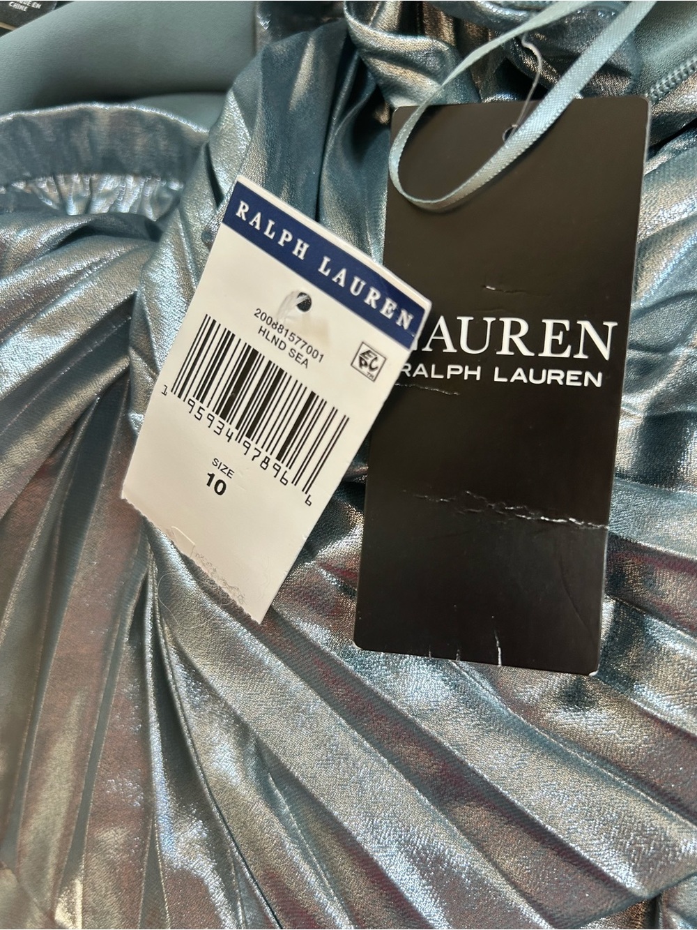 NWT Lauren by Ralph Lauren Metallic Pleated Midi Skirt Silver Blue Size 10 - Picture 6 of 9